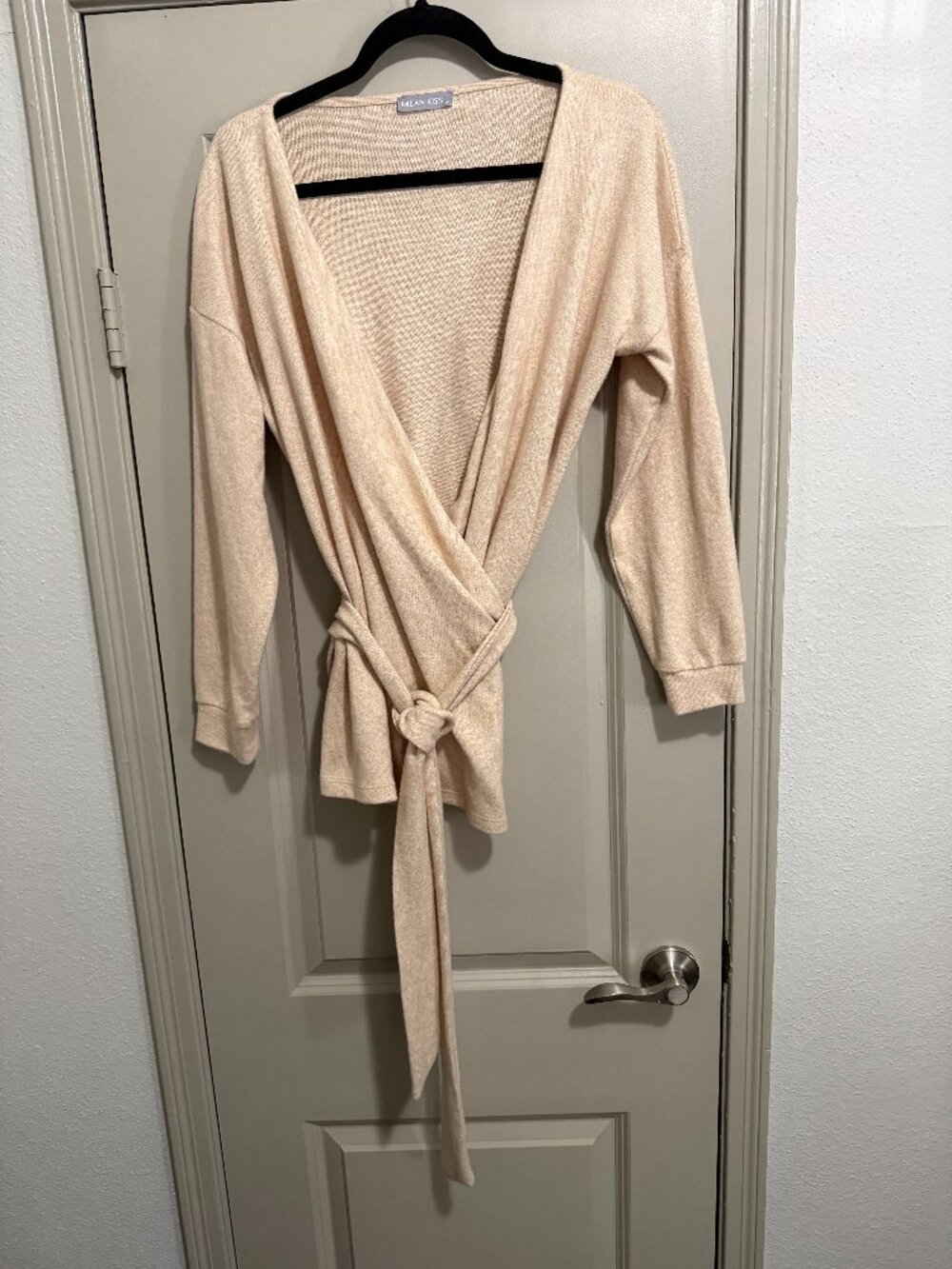 Milan Kiss Women's Cream Beige Wrap Sweater Cardigan with Tie Detail Size Med